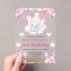 Invitaciones Acrílicas Acuarela Cumpleaños de Elefante Lindo y Rosas Rosa