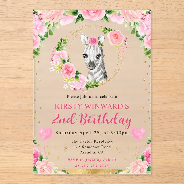 Invitaciones Acrílicas Acuarela Cumpleaños Infantil Cebra Selva Monada (Anverso)