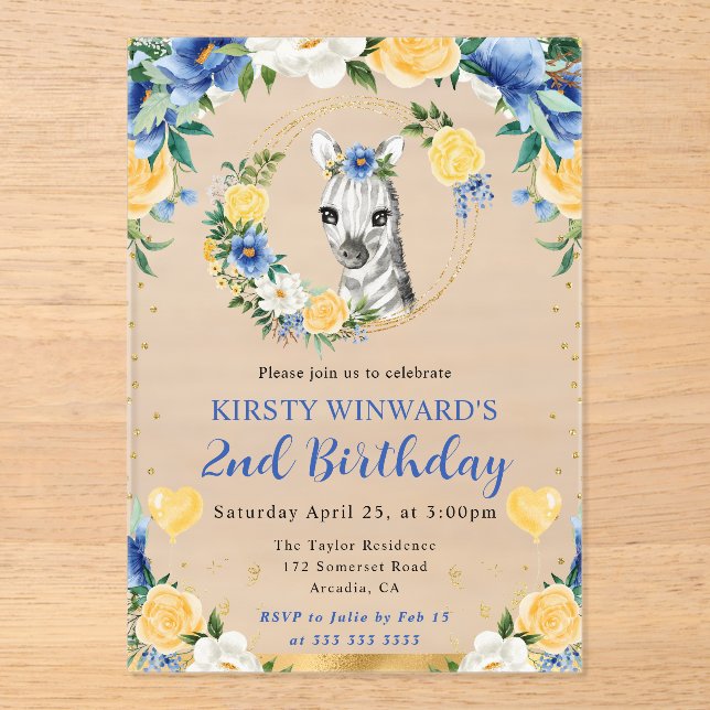 Invitaciones Acrílicas Acuarela Cumpleaños Infantil Cebra Selva Monada (Anverso)
