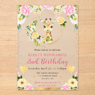 Invitaciones Acrílicas Acuarela Cumpleaños Niños Jirafa Selva Monada