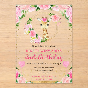 Invitaciones Acrílicas Acuarela Cumpleaños Niños Jirafa Selva Monos Lindo