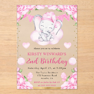 Invitaciones Acrílicas Acuarela Cute Elefante y Rosas Rosa Cumpleaños