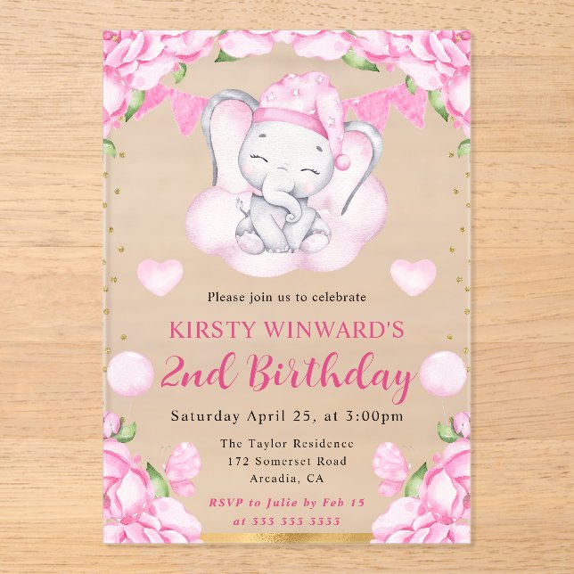 Invitaciones Acrílicas Acuarela Cute Elefante y Rosas Rosa Cumpleaños (Anverso)