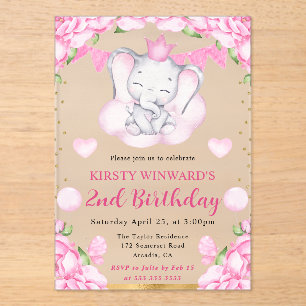 Invitaciones Acrílicas Acuarela Cute Elefante y Rosas Rosa Cumpleaños