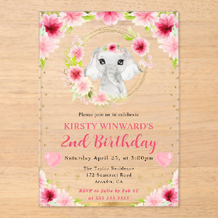 Invitaciones Acrílicas Acuarela Cute Jungle Elephant Kids Cumpleaños