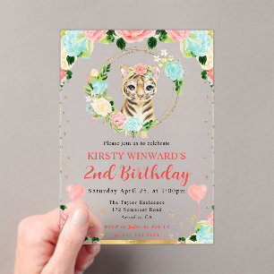 Invitaciones Acrílicas Acuarela Cute Jungle Tiger Kids Cumpleaños