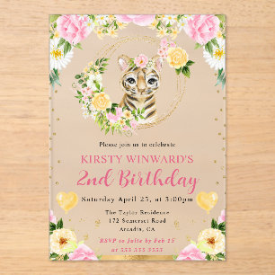 Invitaciones Acrílicas Acuarela Cute Jungle Tiger Kids Cumpleaños