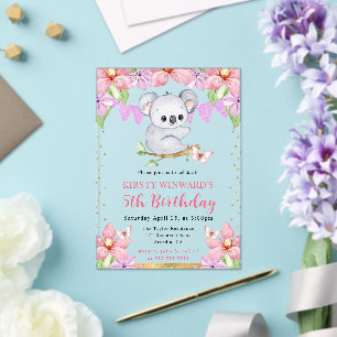 Invitaciones Acrílicas Acuarela Cute Koala y Flores Tropicales Cumpleaños