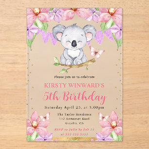 Invitaciones Acrílicas Acuarela Cute Koala y Flores Tropicales Cumpleaños
