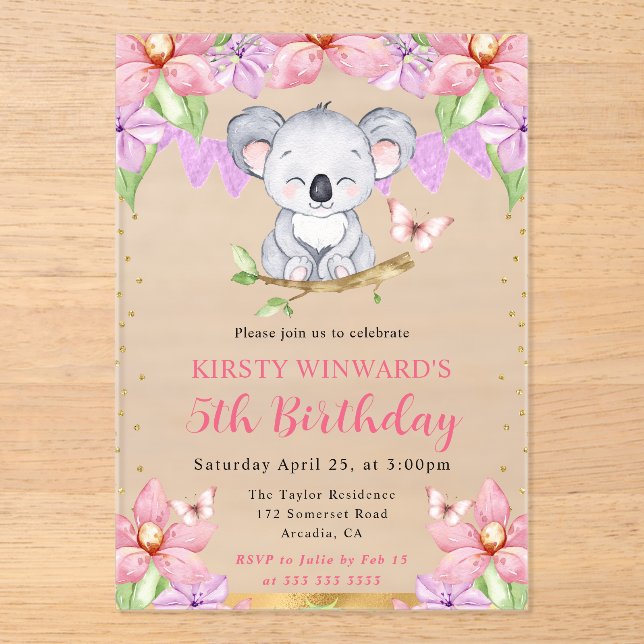 Invitaciones Acrílicas Acuarela Cute Koala y Flores Tropicales Cumpleaños (Anverso)