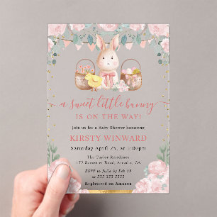 Invitaciones Acrílicas Acuarela de conejo y flores rosadas para baby show