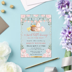 Invitaciones Acrílicas Acuarela de conejo y flores rosadas para baby show