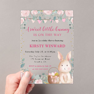 Invitaciones Acrílicas Acuarela de conejo y flores rosadas para baby show