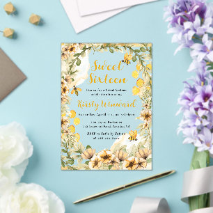 Invitaciones Acrílicas Acuarela de verano Abejas y flores Dulces dieciséi