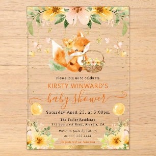 Invitaciones Acrílicas Acuarela Dulce Zorro Bebé Floral Baby Shower