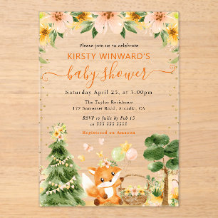 Invitaciones Acrílicas Acuarela Dulce Zorro Floral Baby Shower