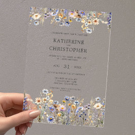Invitaciones Acrílicas Acuarela Dusty Blue Flor Silvestre Elegante Boda