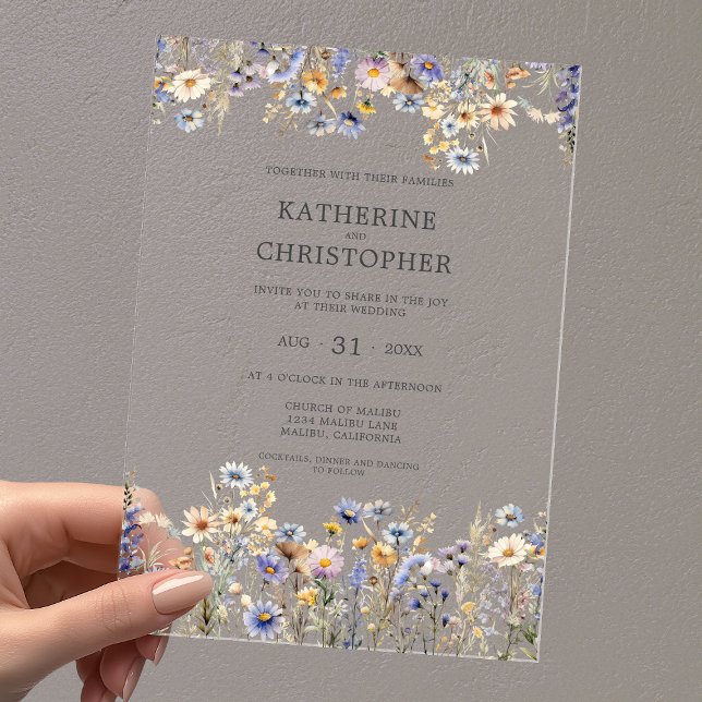 Invitaciones Acrílicas Acuarela Dusty Blue Flor Silvestre Elegante Boda (BOHO Dusty Blue Watercolor Wildflowers Elegant Clear Acrylic Wedding Invitation with Black Text.
)