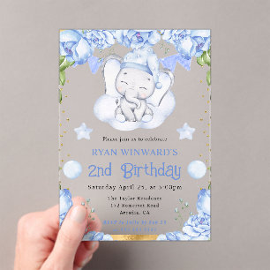 Invitaciones Acrílicas Acuarela Elefante Lindo y Rosas Azules Cumpleaños