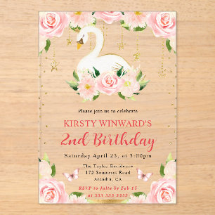 Invitaciones Acrílicas Acuarela Elegante Cisne Floral Cumpleaños