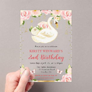 Invitaciones Acrílicas Acuarela Elegante Cisne Floral Cumpleaños