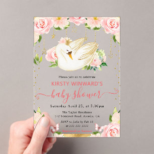 Invitaciones Acrílicas Acuarela Elegante Ducha de Bebé Floral Cisne