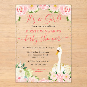 Invitaciones Acrílicas Acuarela Elegante Fiesta de Bebé Cisne Floral