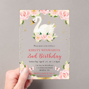 Invitaciones Acrílicas Acuarela Elegante Floral Cisne Cumpleaños