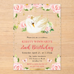 Invitaciones Acrílicas Acuarela Elegante Floral Cisne Cumpleaños