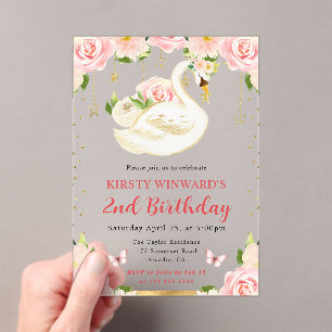 Invitaciones Acrílicas Acuarela Elegante Floral Cisne Cumpleaños