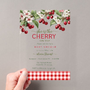 Invitaciones Acrílicas Acuarela Ella es la cereza del pastel baby shower 