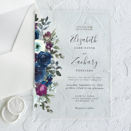 Invitaciones Acrílicas Acuarela Floral Ciruela Azul Marino Boda