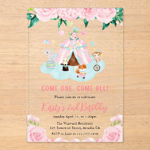 Invitaciones Acrílicas Acuarela Floral Cumpleaños Animales de Circo Rosa