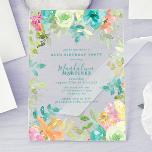 Invitaciones Acrílicas Acuarela floral de verano Cumpleaños 55 Claro