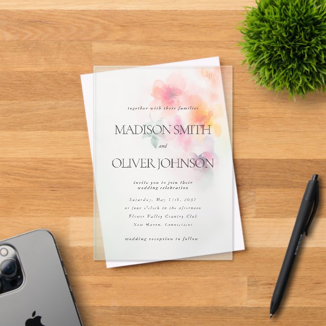 Invitaciones Acrílicas Acuarela Floral Elegante Boda transparente (Insitu (Tarjeta de Invitación))
