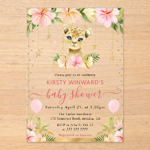 Invitaciones Acrílicas Acuarela Floral Jungla Lion Cub Baby Shower