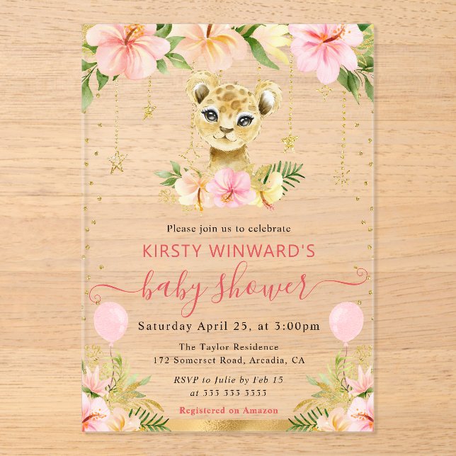 Invitaciones Acrílicas Acuarela Floral Jungla Lion Cub Baby Shower (Anverso)
