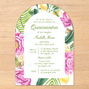 Invitaciones Acrílicas Acuarela Floral Peonías Tulipanes Lemon Quinceañer
