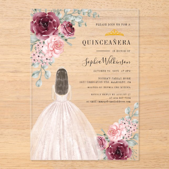 Invitaciones Acrílicas Acuarela Floral Quinceanera 15º cumpleaños (Anverso)