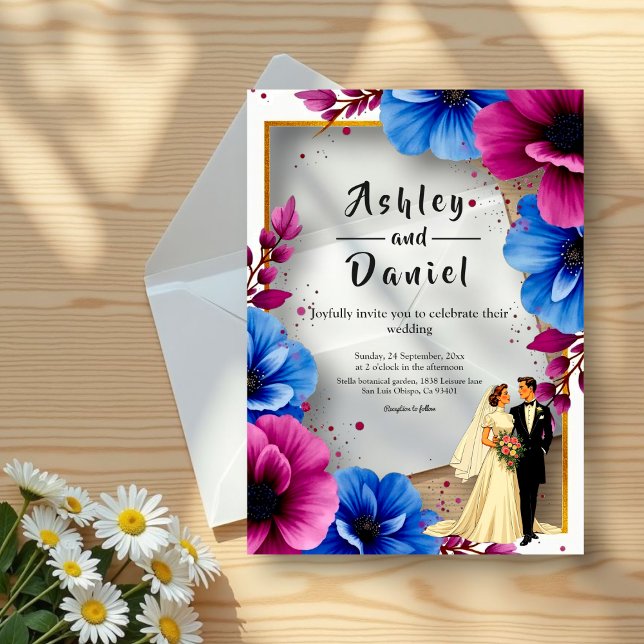 Invitaciones Acrílicas Acuarela Flores azul morado Elegante Boda (Subido por el creador)