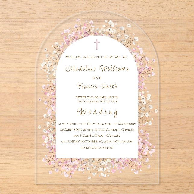 Invitaciones Acrílicas acuarela flores blancas y rosadas boda (Anverso)