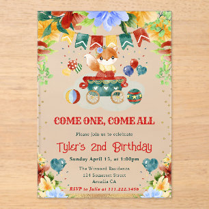 Invitaciones Acrílicas Acuarela Flores Circus Fox Kids Cumpleaños