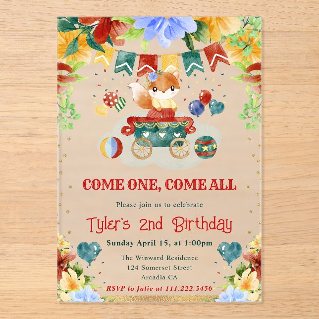Invitaciones Acrílicas Acuarela Flores Circus Fox Kids Cumpleaños (Anverso)