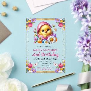 Invitaciones Acrílicas Acuarela Flores de Primavera Pollito de Pascua Cum