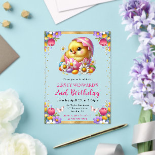 Invitaciones Acrílicas Acuarela Flores de Primavera Pollito de Pascua Cum