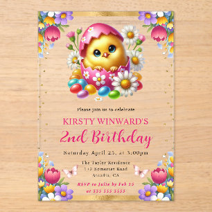 Invitaciones Acrílicas Acuarela Flores de Primavera Pollito de Pascua Cum
