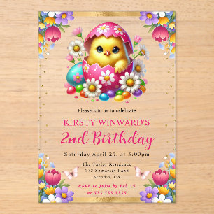 Invitaciones Acrílicas Acuarela Flores de Primavera Pollito de Pascua Cum