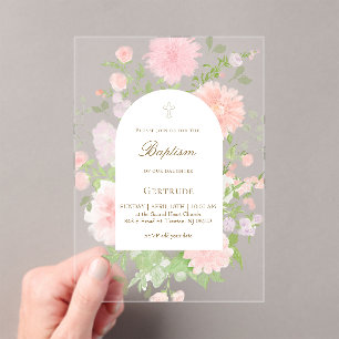 Invitaciones Acrílicas acuarela flores grandes rosadas Bautizo