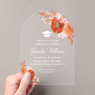 Invitaciones Acrílicas acuarela flores naranjas modernas fiesta graduació