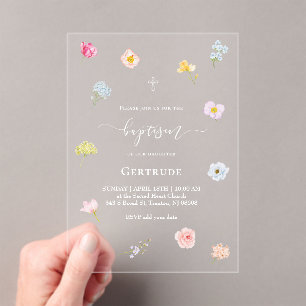 Invitaciones Acrílicas acuarela flores pequeñas Bautizo